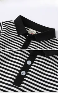 Detail of a boy's striped polo shirt showing the black collar and white button placket