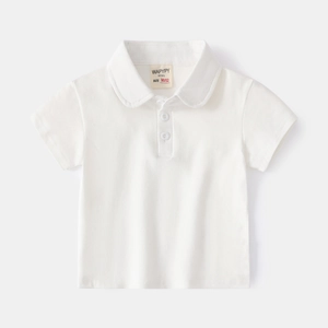 Detail of white cotton polo shirt collar with rounded lapels and two white buttons
