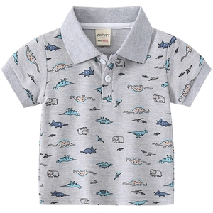 Boys short sleeve polo shirt with all-over dinosaur print on grey pique cotton fabric