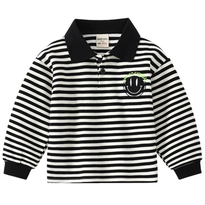 Classic kids striped polo sweatshirt with long sleeves and smile embroidery badge