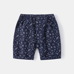 Boys navy blue cotton shorts with white space alien and rocket patterns for summer wear