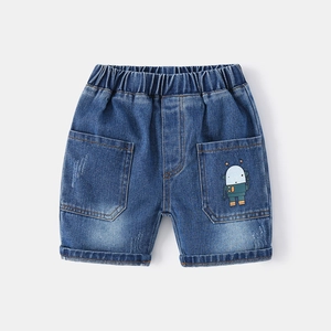 Boys' mid-blue denim shorts with elastic waist and cute cartoon robot pocket print