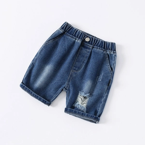 Classic blue denim shorts for boys with distressed details and an elastic waistband