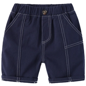 Dark blue boys casual shorts with elastic waist and contrast white stitching details
