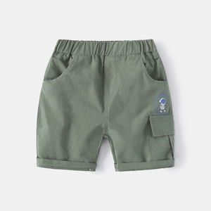 Boys' army green cargo shorts with elastic waist and cute astronaut print for summer