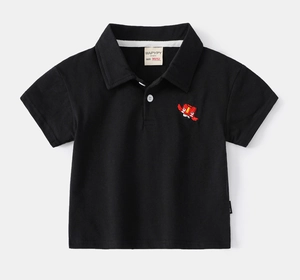 Close-up of black kids Polo shirt collar with red robot embroidery and white button detail