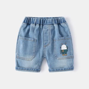 Summer boys denim shorts with elastic waist and cute minimalist robot cartoon pattern