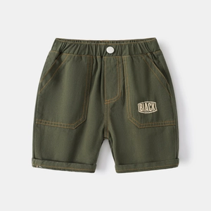 Olive green boys' cotton twill shorts with elastic waist and large contrast stitch pockets
