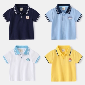 Boys Short Sleeve Cotton Polo Shirt Cartoon Embroidered Contrast Lapel Collar Casual Summer Top Children Apparel