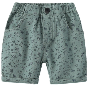 Kids sage green cotton shorts with all-over space print and elastic waistband detail