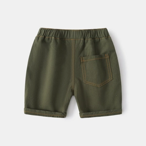 Olive green boys cotton shorts with elastic waist and contrast orange stitching