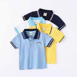 Kids short sleeve polo shirts in navy, white, and yellow with striped collars