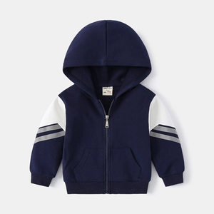 Sweat à capuche zippé pour enfant bleu marine avec manches contrastées gris et blanc