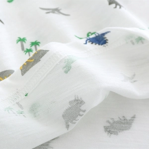 Close-up of white boys' t-shirt with cartoon dinosaur prints and fine stitching detail