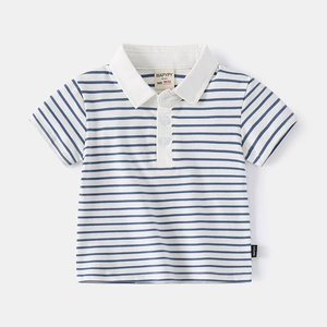 Classic blue and white striped short-sleeve polo shirt for boys with a white collar