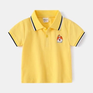 Yellow kids short-sleeved cotton Polo shirt with cute cartoon dog embroidery detail