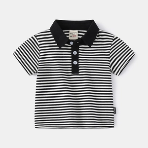 Classic black and white striped boys' cotton polo shirt with contrast collar and buttons