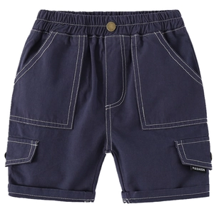 Boys navy cotton cargo shorts with elastic waist and stylish white contrast stitching