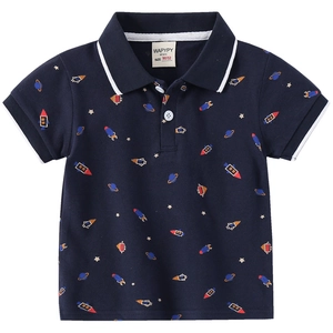 Boys navy blue polo shirt with all-over space print and white contrast collar trim