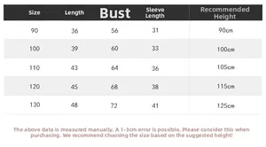 Size chart for boys plaid shirt detailing length, chest, and sleeve for heights 90-130cm