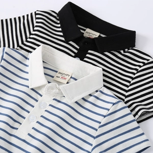 Classic striped cotton polo shirts for boys in black and blue with button-down collar