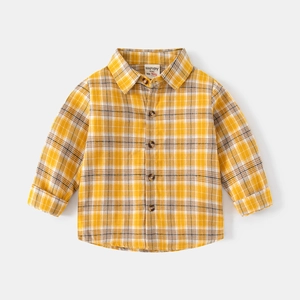 Chemise à manches longues pour garçons à carreaux jaunes en coton brossé doux et léger