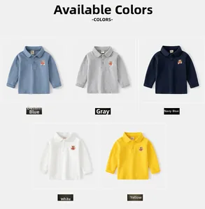 Detail view of children long sleeve polo shirts in five colors with bear embroidery