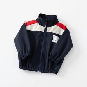 Boys color-block windbreaker jacket in navy blue with red and white varsity details