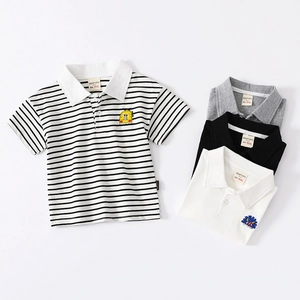 Kids cotton polo shirts in stripes and solid colors with cartoon embroidery detail