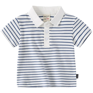 Classic blue and white striped cotton polo shirt for boys with a stylish white collar