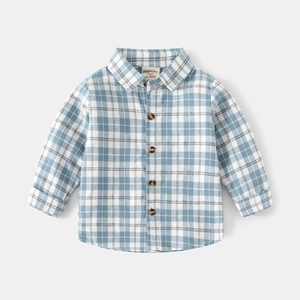 Chemise à manches longues pour garçons à carreaux bleu et blanc avec boutons style bois