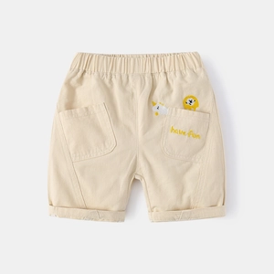 Short pour enfant beige en coton avec broderie lion et taille élastique à plat