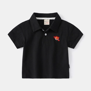 Classic black short-sleeve polo shirt for boys featuring a red cartoon robot embroidery
