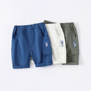 Three-pack boys cargo shorts in navy, cream, and olive with astronaut prints