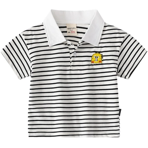 Short-sleeved striped children's polo shirt with yellow cartoon dinosaur embroidery