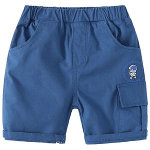 Navy blue boys casual cargo shorts with elastic waist and white astronaut print on pocket