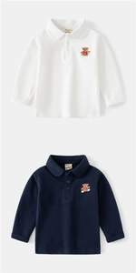 Detailed view of kids cotton long sleeve Polo shirts with bear embroidery and logo labels
