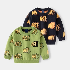 Boys Knit Sweater Round Neck Long Sleeve Jacquard Art Letter Pattern Cotton Blend Pullover Kids Toddler Autumn Winter Top