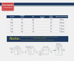 Detailed size chart for boys windproof hooded jacket showing measurements from 90 to 130cm