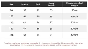 Detailed size chart for kids color-block fleece hoodie with measurements from 90 to 130 cm