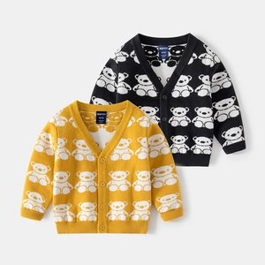Kids Knitted Cardigan Cotton Blend Bear Pattern Jacquard V Neck Button Down Casual Sweater Coat For Toddler Boys Girls