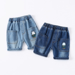 Kids denim shorts with cartoon robot embroidery and large pockets in light and dark blue
