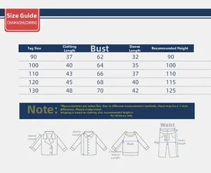 Size chart for children's knit cardigan and trousers showing measurements for ages 90-130cm