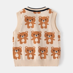 Beige knitted toddler vest featuring brown cartoon bear jacquard and ribbed edges