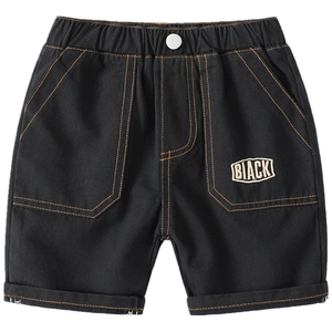 Boys black casual shorts with orange contrast stitching and BLACK embroidery