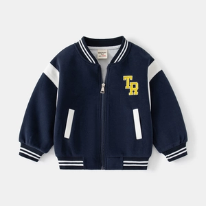 Giacca varsity blu navy da bambino con maniche bianche a contrasto e toppa gialla TR