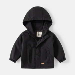 Classic black hooded windbreaker for kids with zipper closure and elastic cuffs