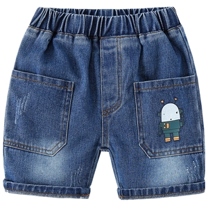Boys denim shorts with elastic waist and cute cartoon robot print on pockets