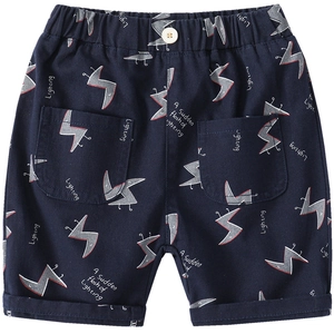 Boys' navy blue cotton shorts with lightning print and elastic waist, casual summer style