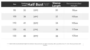 Detailed size chart for kids polo sweatshirt showing length, chest, and height data